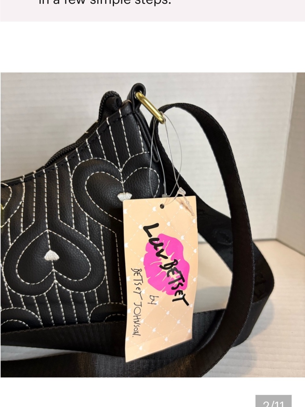 Betsey Johnson Black Quilted Heart Crossbody with Gold Hardware - Picture 4 of 10